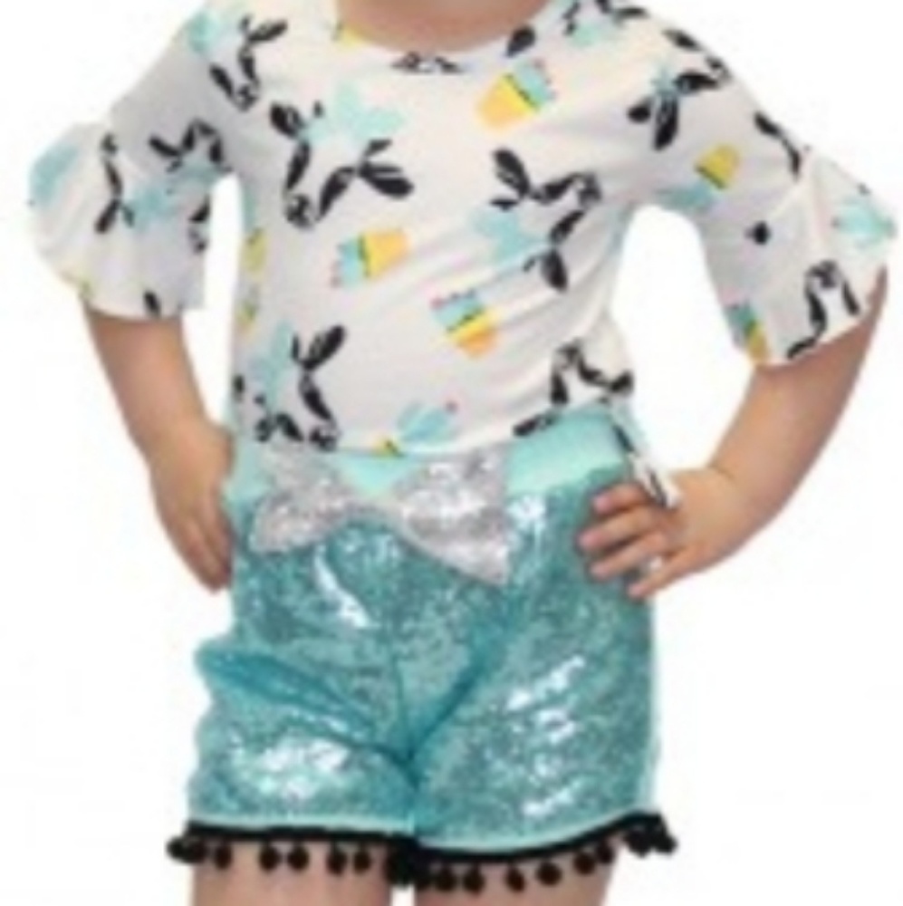 Girls size 6 sequins mint blue shorts top set
